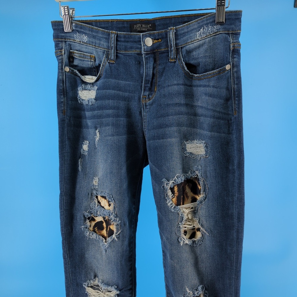 Judy Blue Skinny Fit Distressed Leopard Patch Jeans Medium Wash JB8265MD 7/28 - Picture 8 of 14